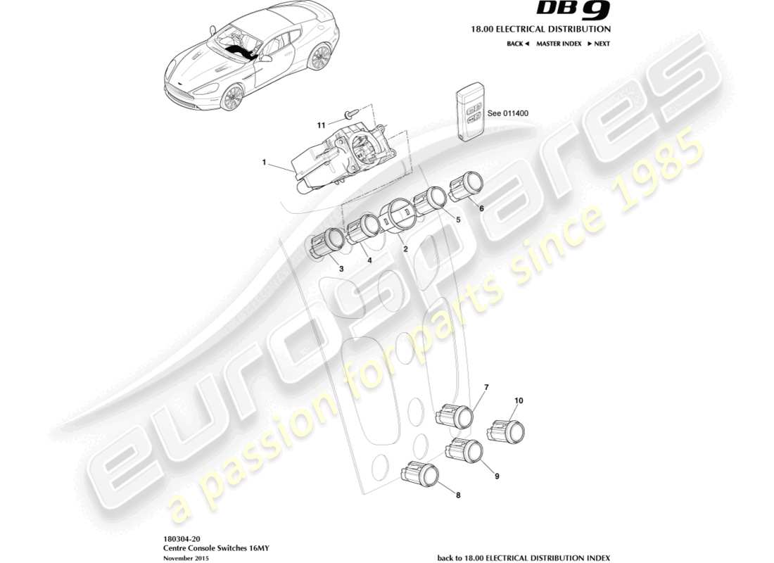 aston martin db9 (2014) centre console switches, 16my on part diagram