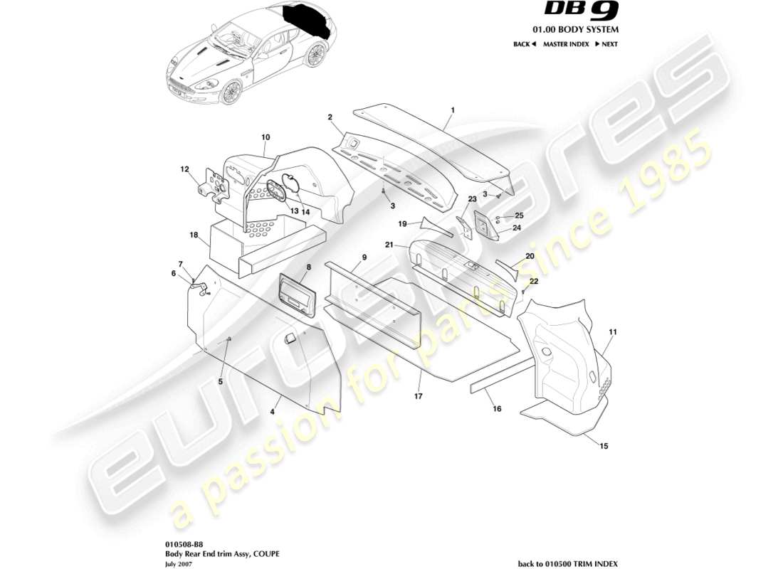 aston martin db9 (2007) rear end trim, coupe part diagram