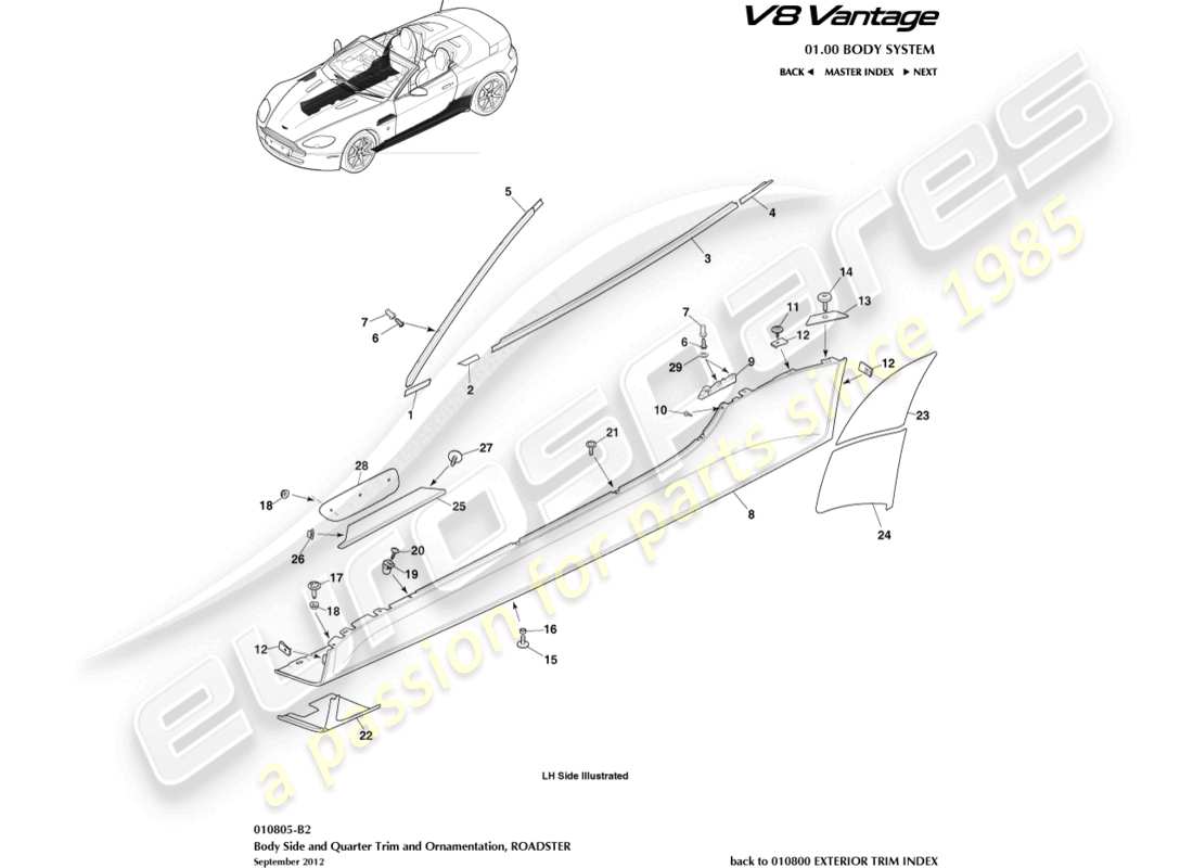 aston martin v8 vantage (2008) bodyside & quarter trim, roadster part diagram