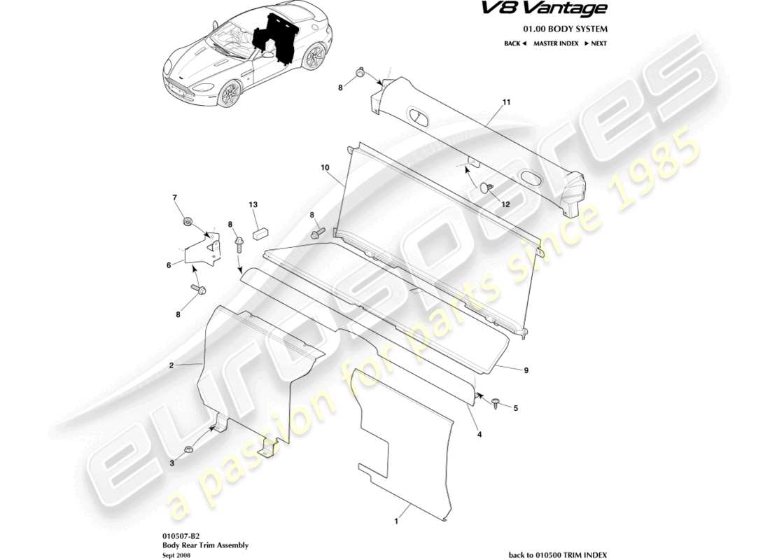 aston martin v8 vantage (2006) rear end trim, coupe part diagram