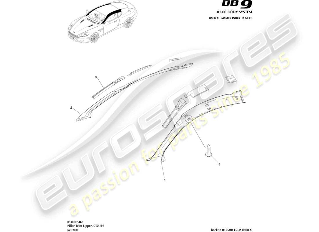 aston martin db9 (2007) pillar trim, upper, coupe part diagram