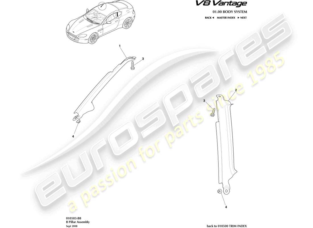 aston martin v8 vantage (2008) b pillar assembly part diagram