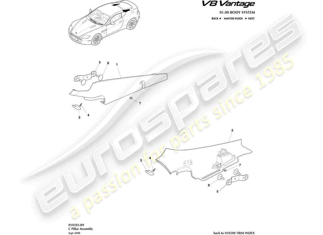 aston martin v8 vantage (2009) c pillar assembly part diagram