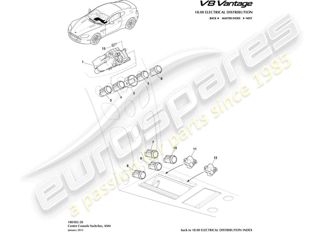 aston martin v8 vantage (2008) centre stack switches, asm, 16my part diagram