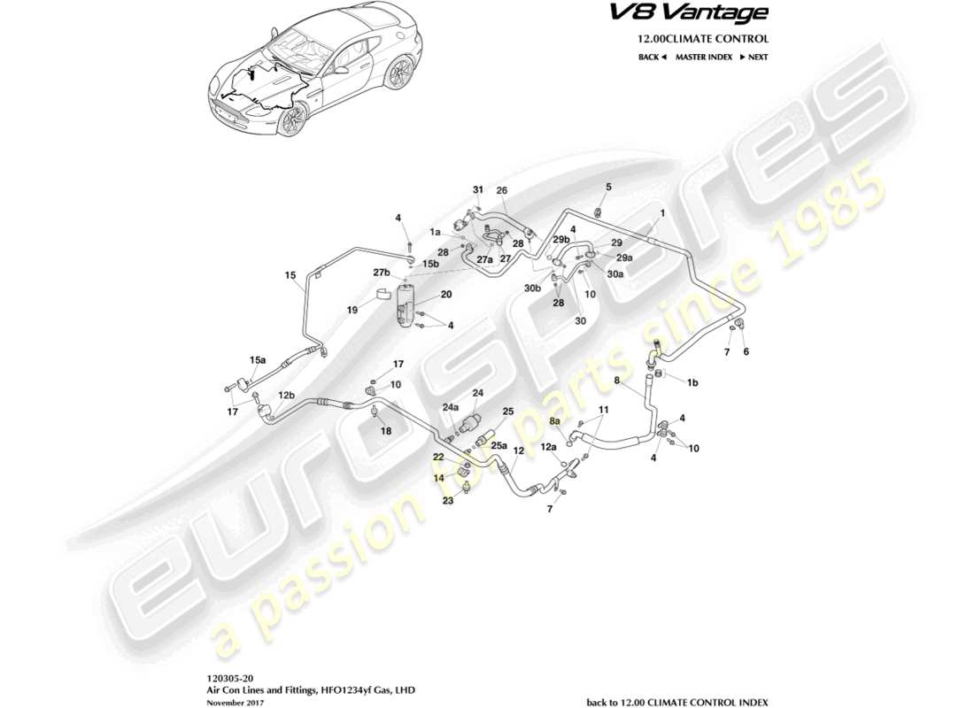 aston martin v8 vantage (2009) air con lines, hfo1234yf gas, lhd part diagram