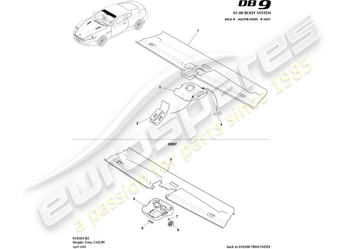 aston martin db9 (2007) header trim, coupe part diagram