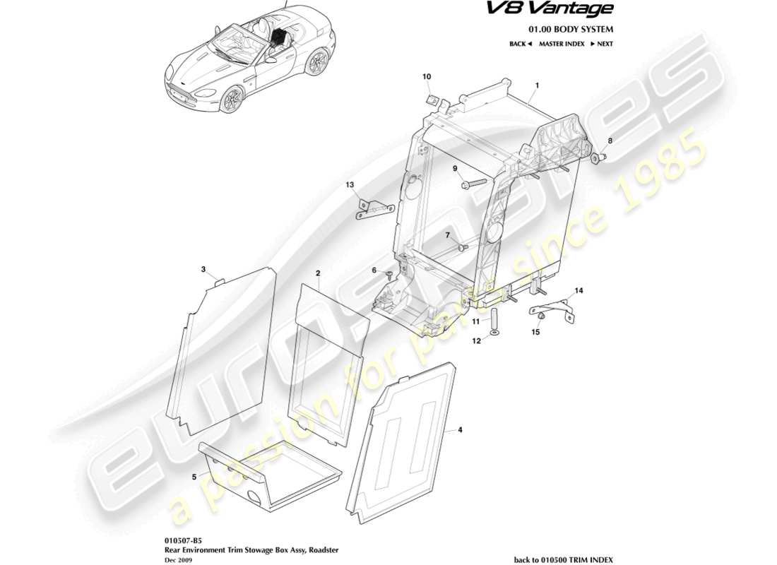 aston martin v8 vantage (2016) rear environment trim, roadster part diagram