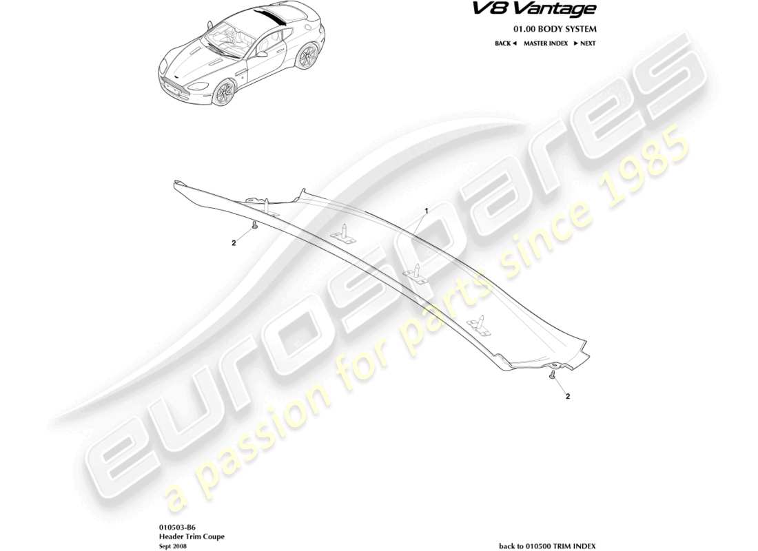 aston martin v8 vantage (2013) header trim, rear, coupe part diagram