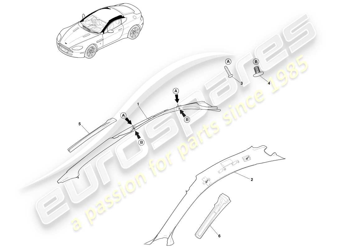 aston martin v8 vantage (2005) pillar trim, upper, coupe part diagram