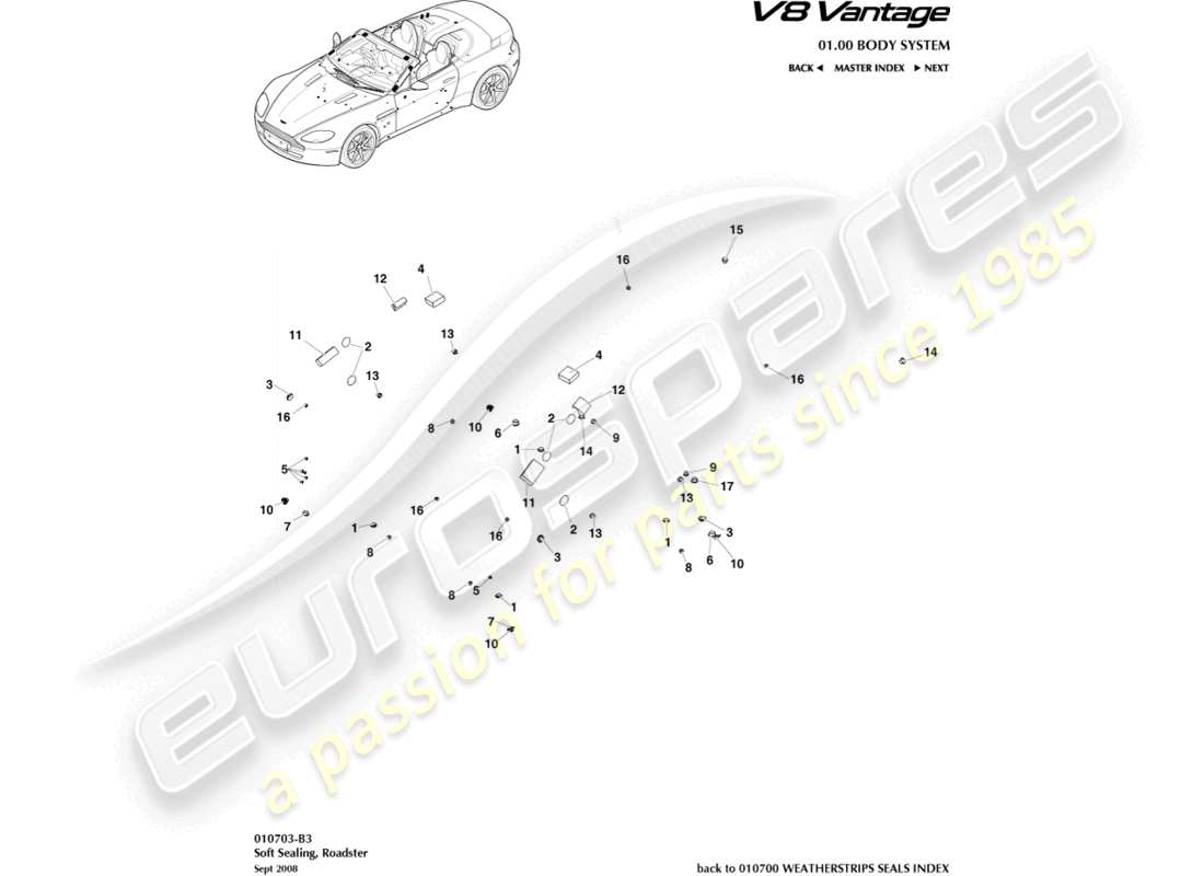 aston martin v8 vantage (2016) soft sealing, roadster part diagram