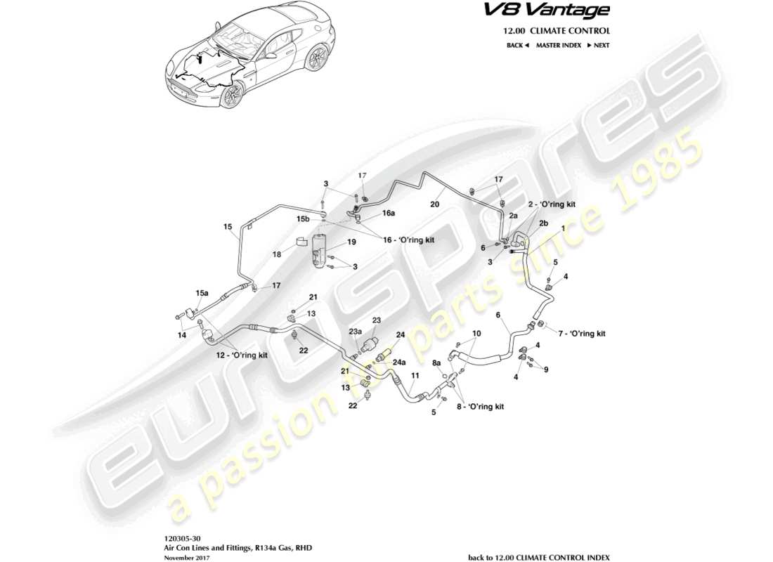 aston martin v8 vantage (2009) air con lines, r134a gas, rhd part diagram