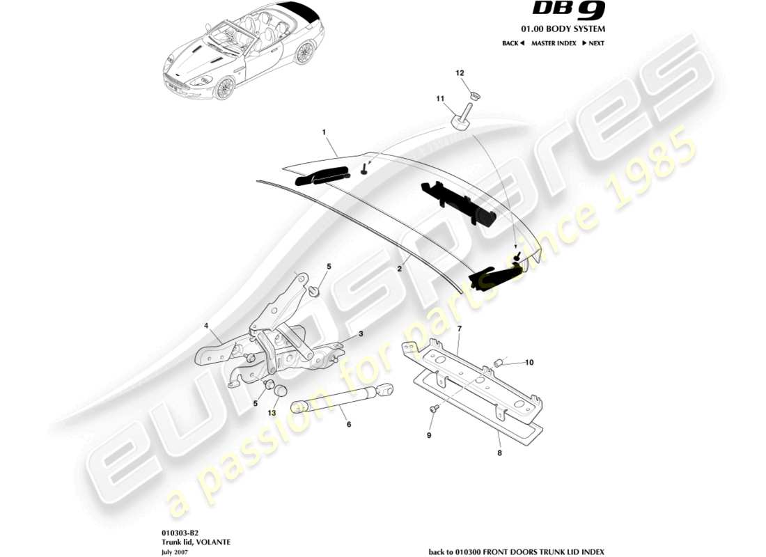 aston martin db9 (2007) trunk lid, volante part diagram