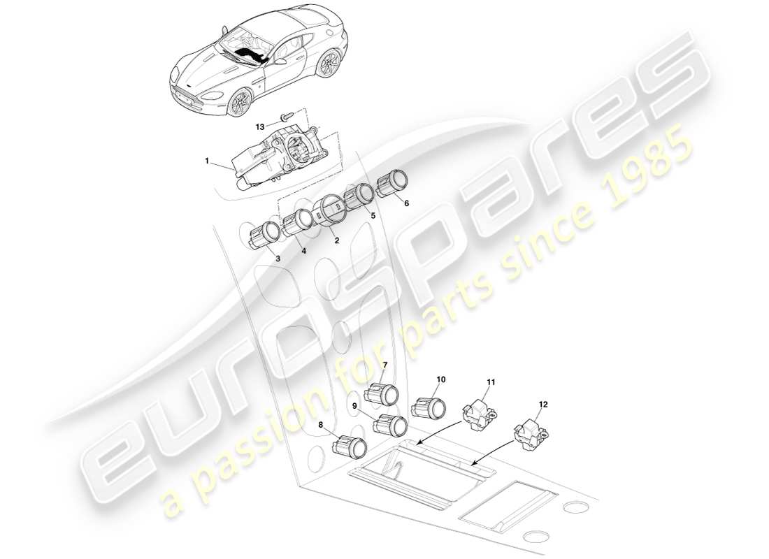 aston martin v8 vantage (2005) centre stacks switches, asm, 16my part diagram