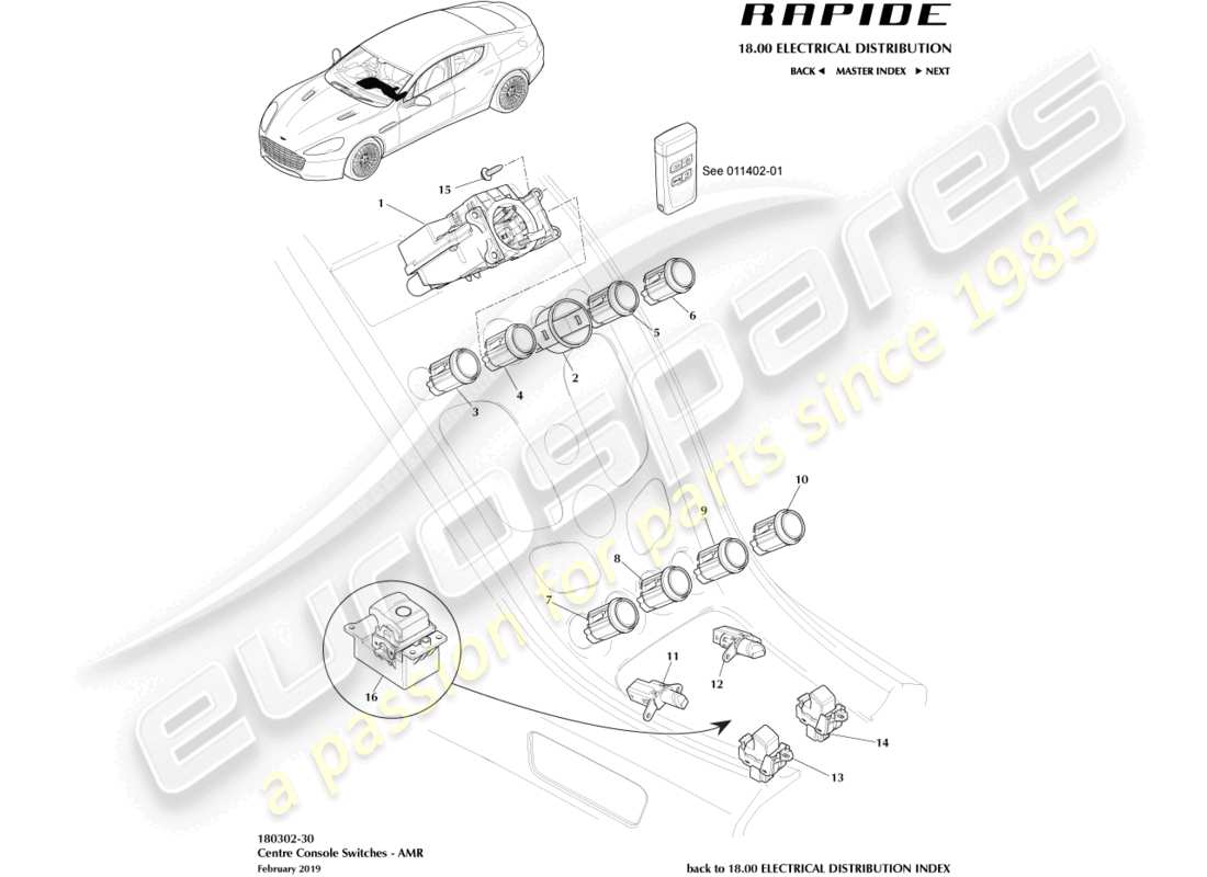 aston martin rapide (2019) centre console switches, amr part diagram