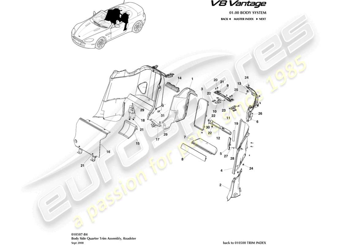 aston martin v8 vantage (2006) body side quarter trim, roadster part diagram