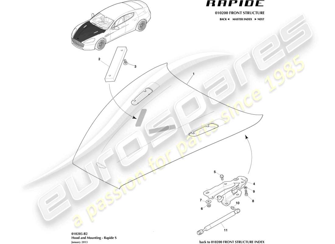 aston martin rapide (2011) bonnet and hinges, s part diagram