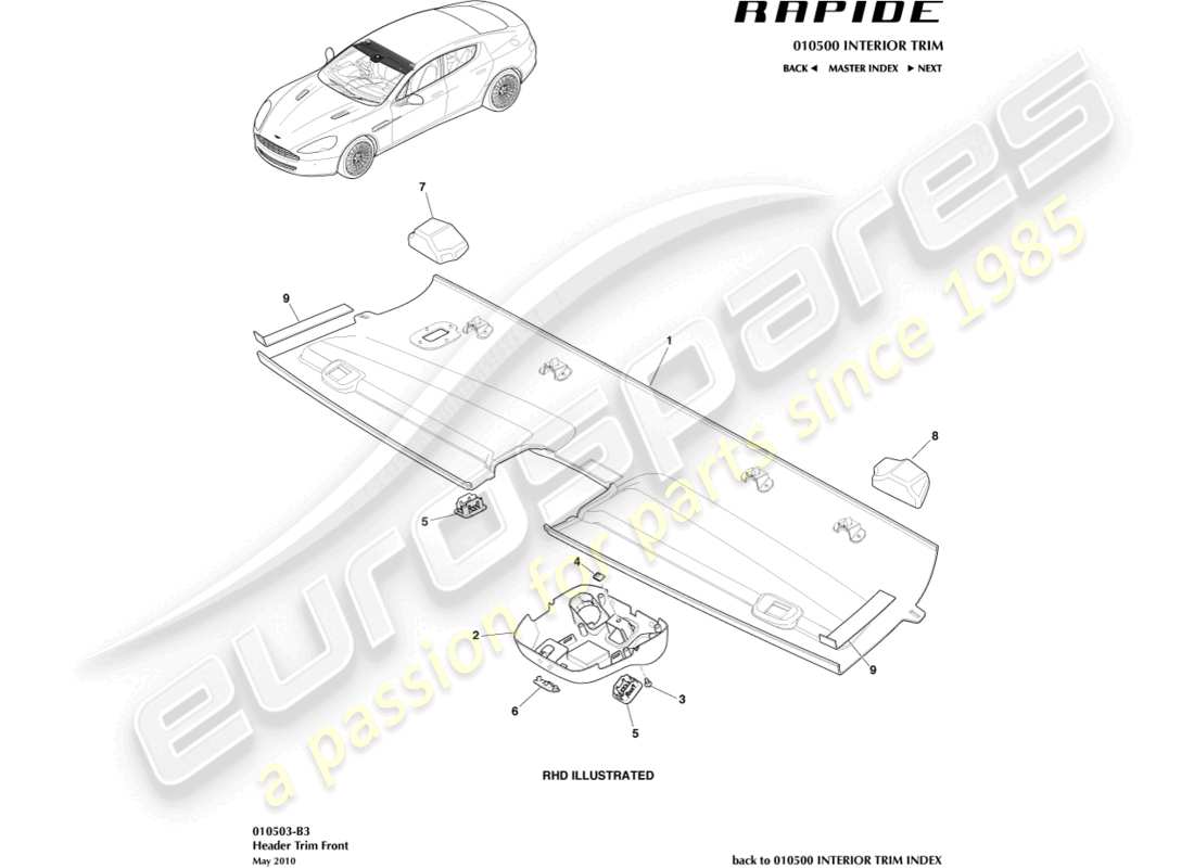 aston martin rapide (2011) front header trim part diagram