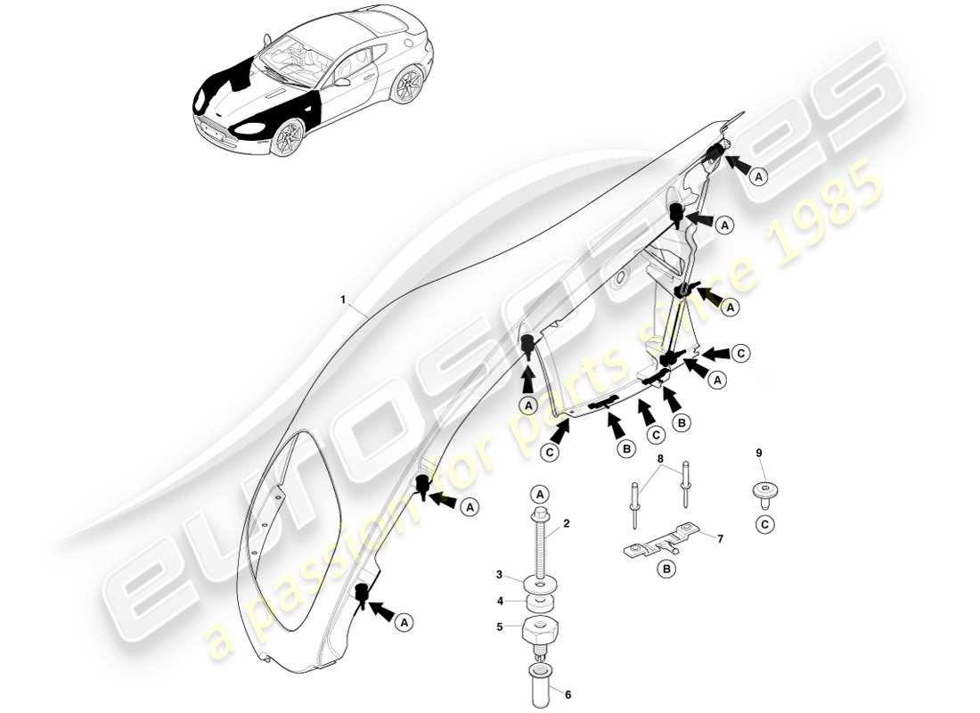 aston martin v8 vantage (2007) front wing assembly part diagram