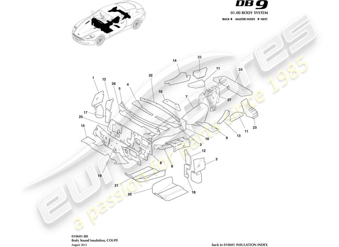 aston martin db9 (2008) body insulation, coupe parts diagram