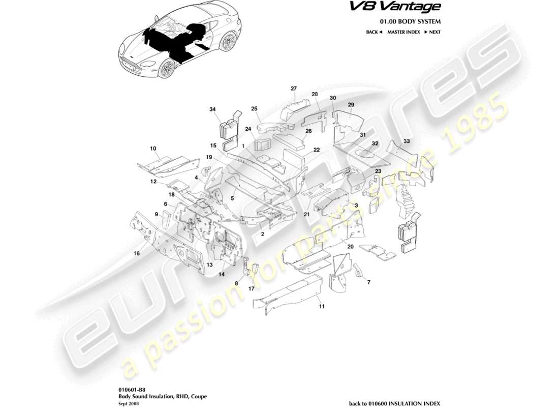 aston martin v8 vantage (2012) body insulation, rhd part diagram