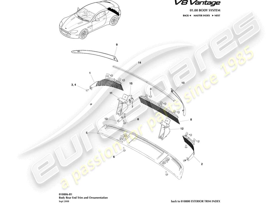 aston martin v8 vantage (2012) body rear end trim part diagram