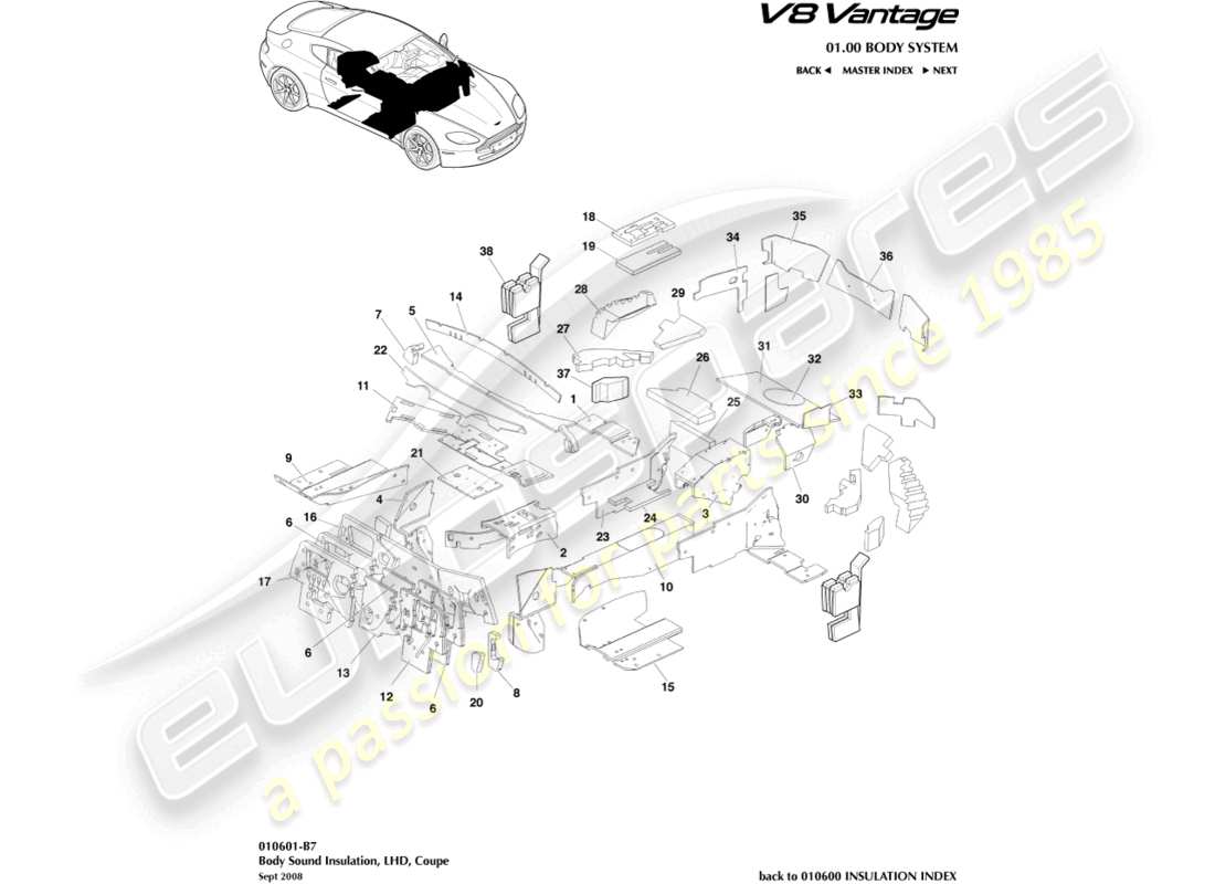 aston martin v8 vantage (2012) body insulation, lhd part diagram