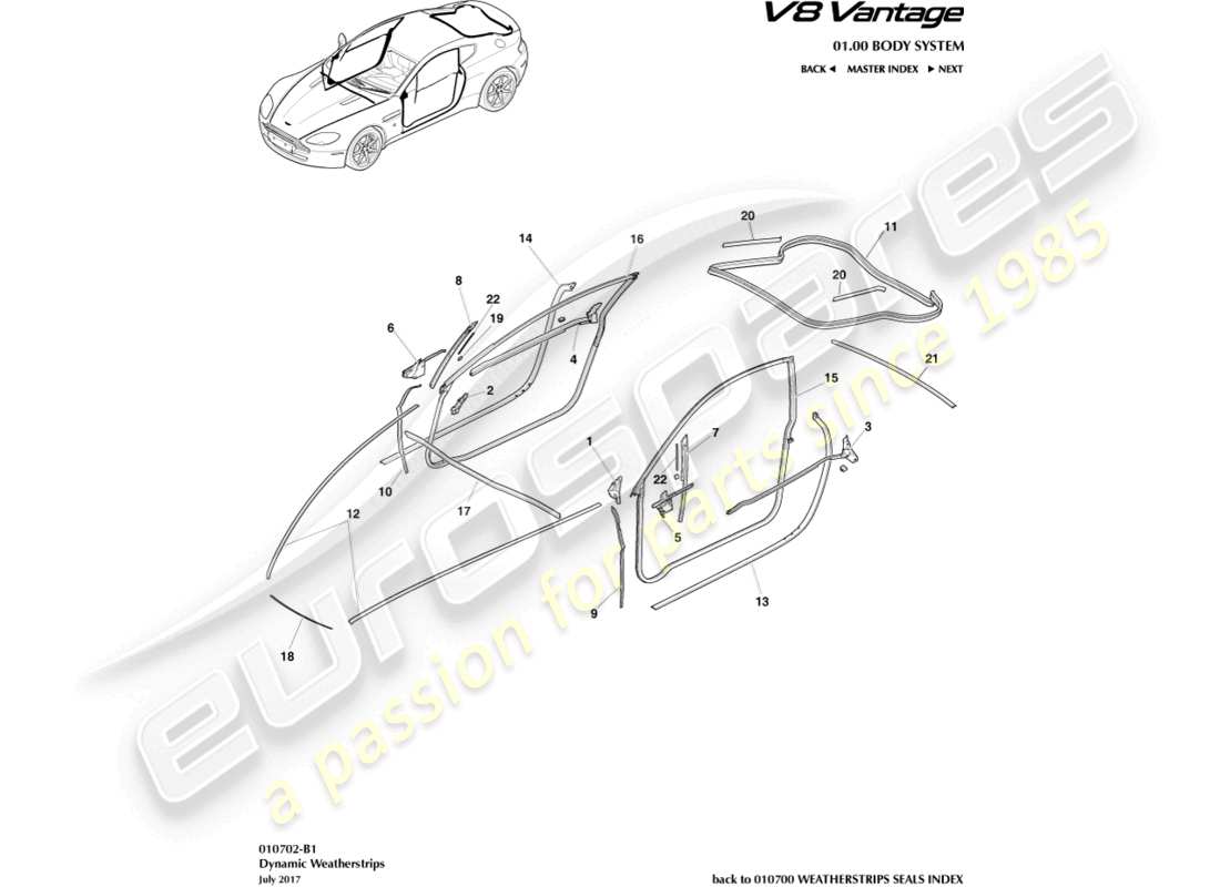 aston martin v8 vantage (2016) dynamic weatherstrips, coupe part diagram