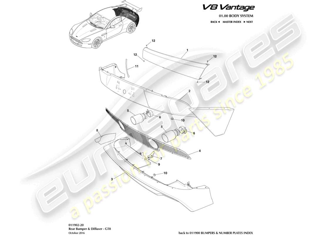 aston martin v8 vantage (2016) rear bumper, gt8 part diagram