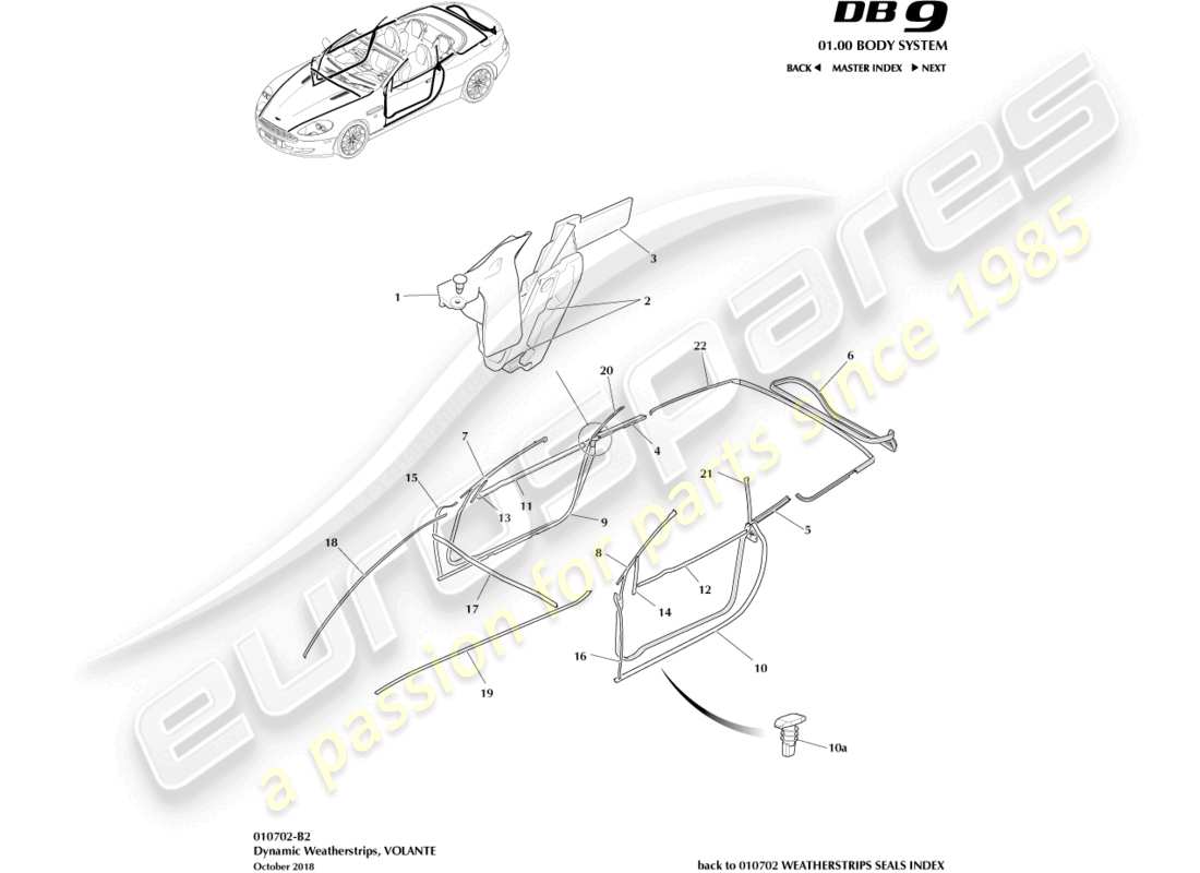 aston martin db9 (2011) dynamic weatherstrips, volante part diagram