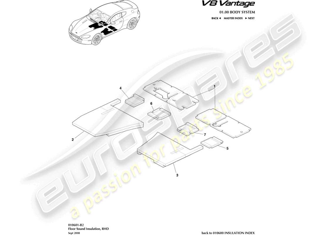 aston martin v8 vantage (2012) floor sound insulation, rhd part diagram