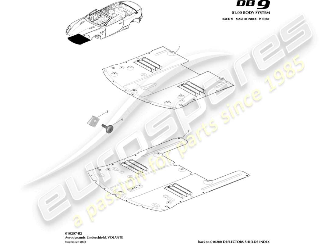 aston martin db9 (2008) front undershield, volante part diagram