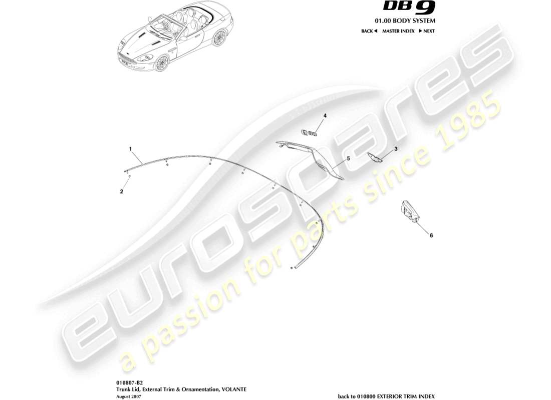 aston martin db9 (2004) trunk lid trim, volante parts diagram