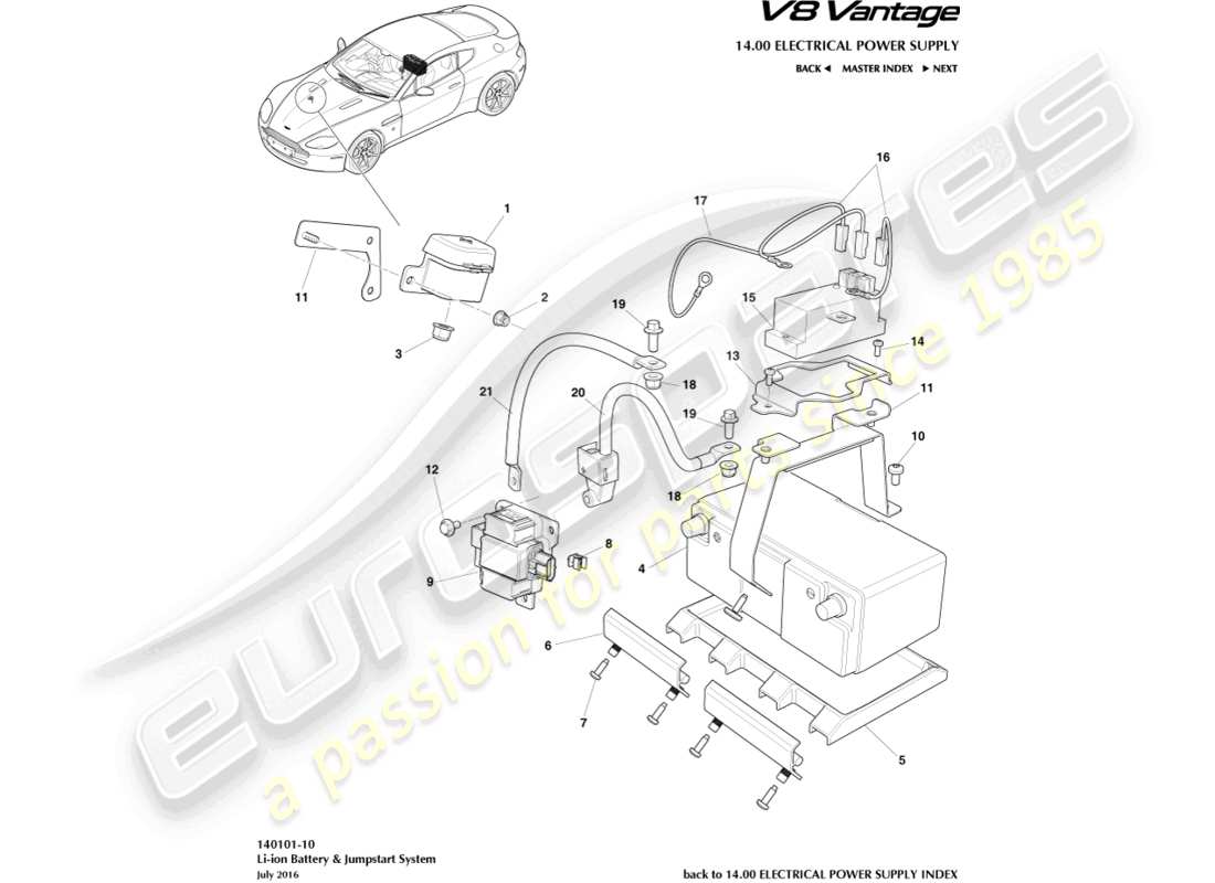 aston martin v8 vantage (2016) battery, lithium ion part diagram