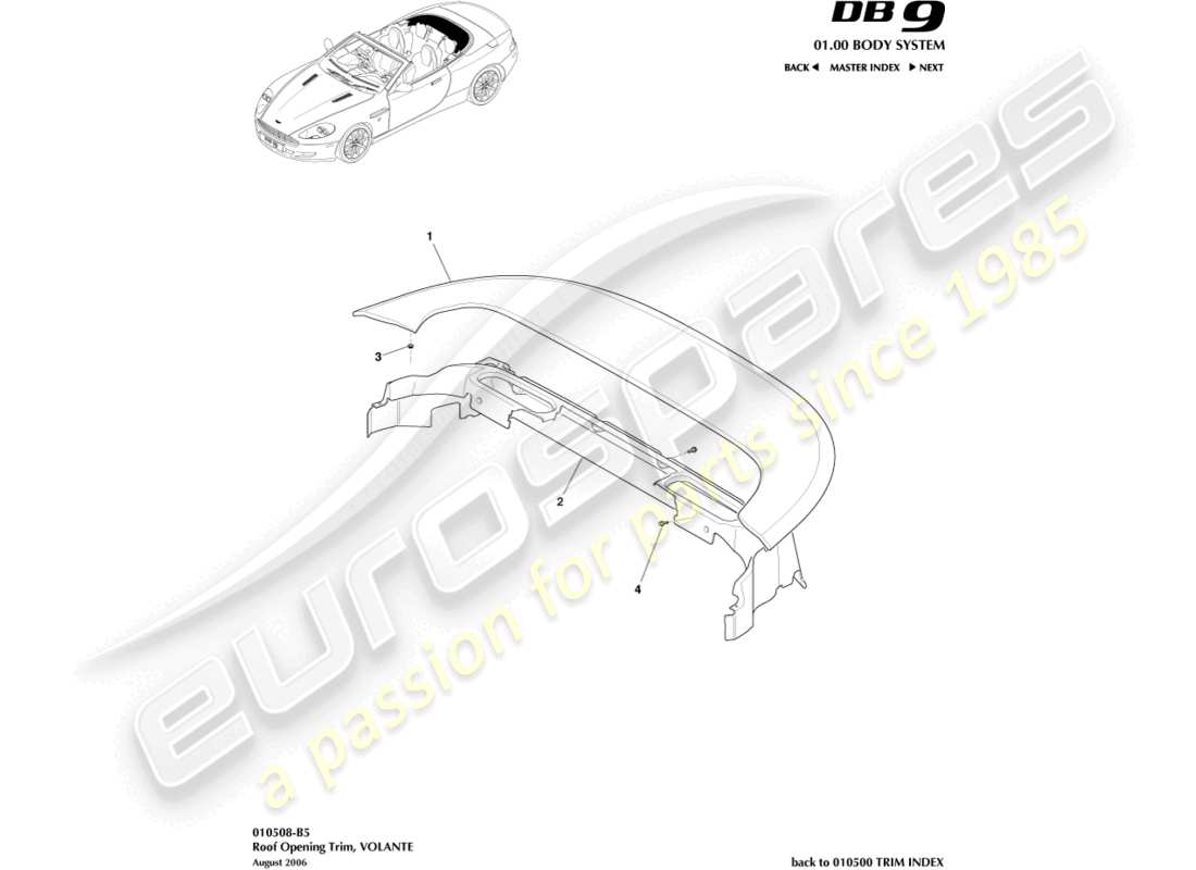 aston martin db9 (2007) roof opening trim part diagram