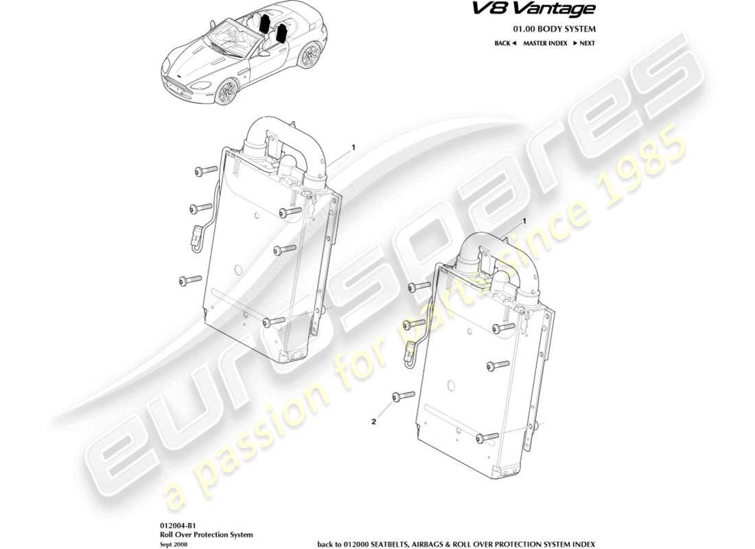 aston martin v8 vantage (2014) rops installation, roadster part diagram