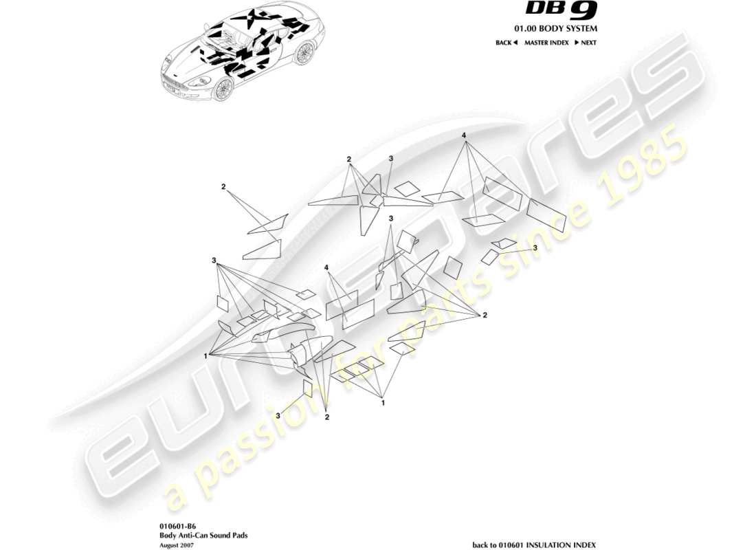 aston martin db9 (2007) anti-can sound pads part diagram