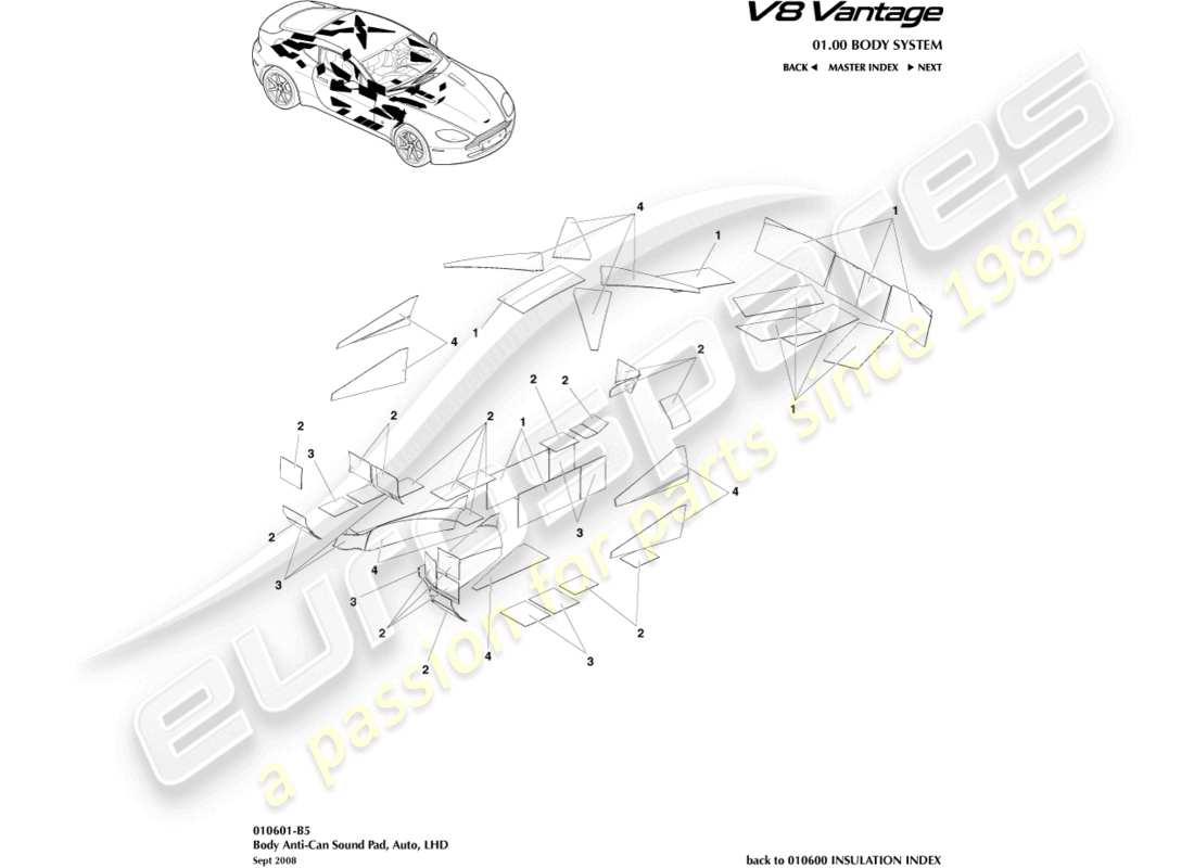 aston martin v8 vantage (2012) anti-can sound pads, lhd part diagram