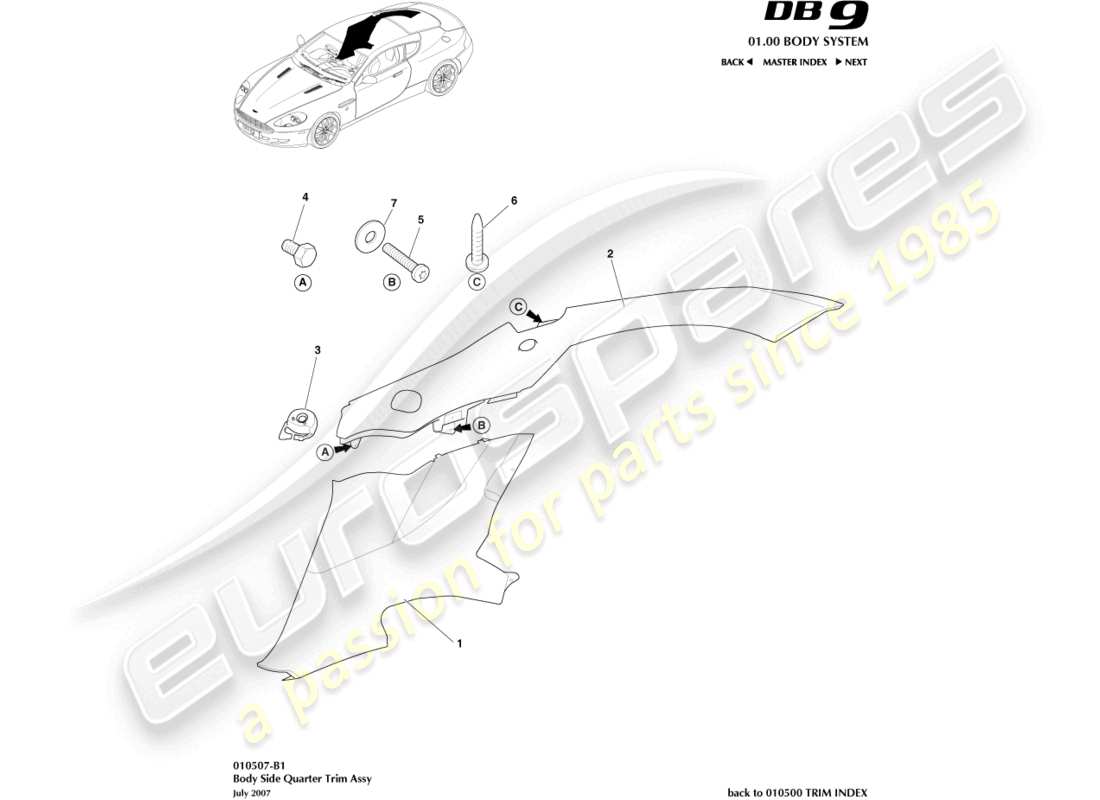 aston martin db9 (2007) body side quarter trim, coupe part diagram