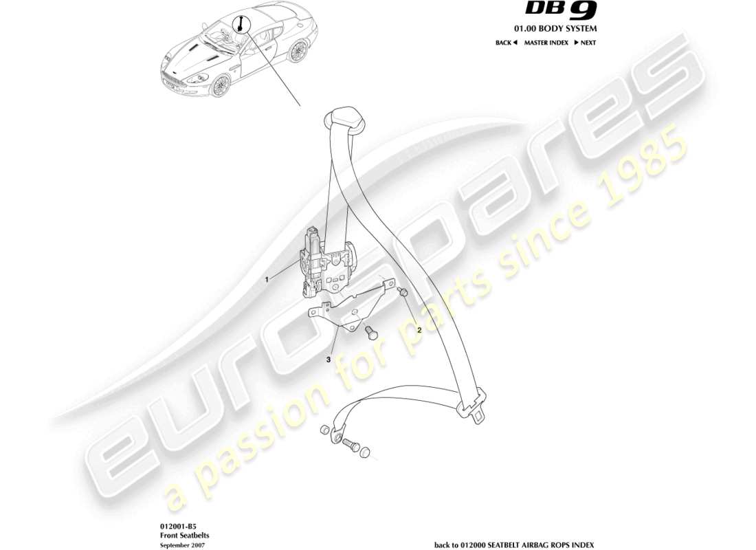 aston martin db9 (2007) front seat belts part diagram