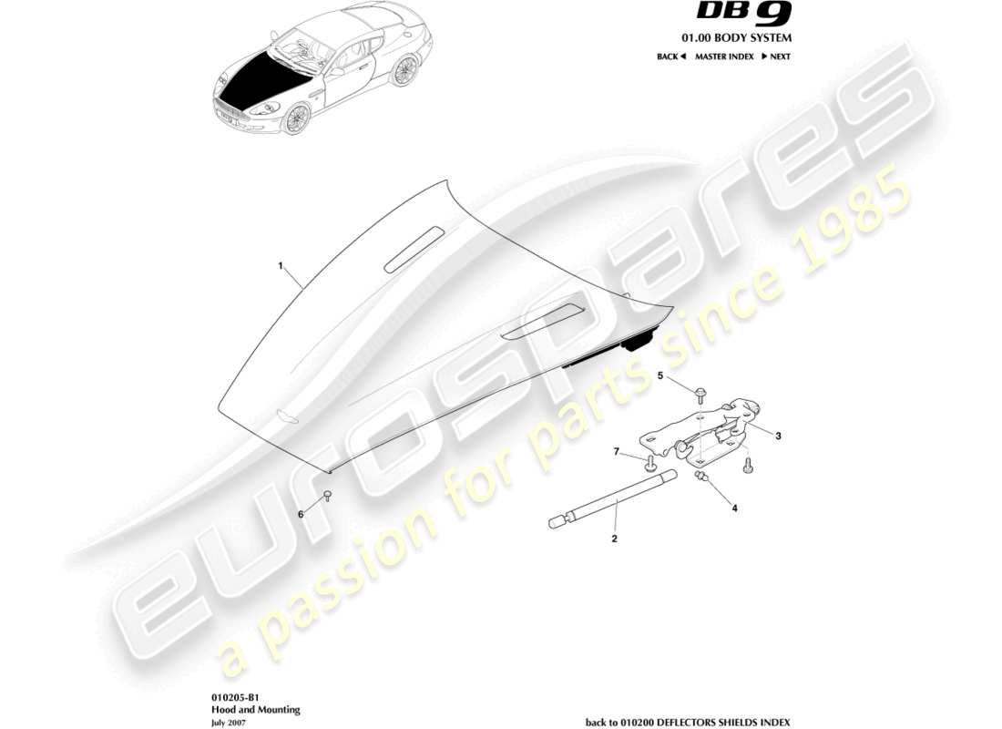 aston martin db9 (2007) bonnet and mounting part diagram