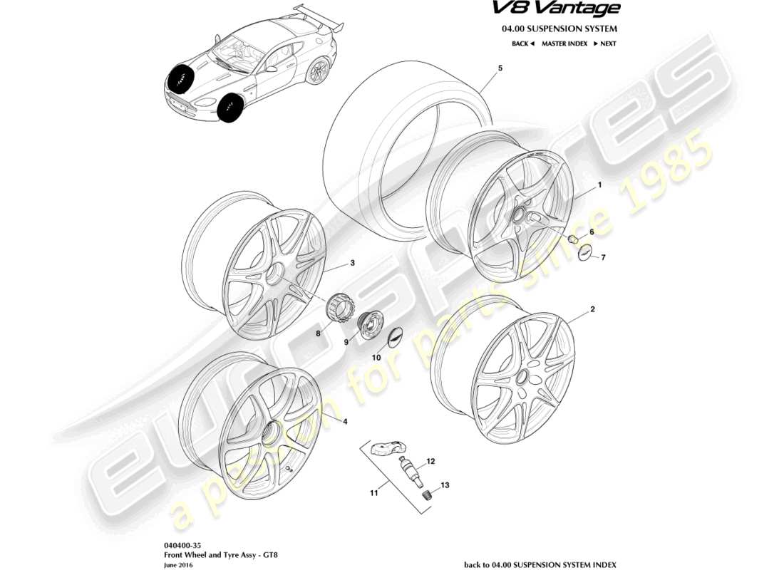 aston martin v8 vantage (2009) front wheels & tyres, gt8 part diagram