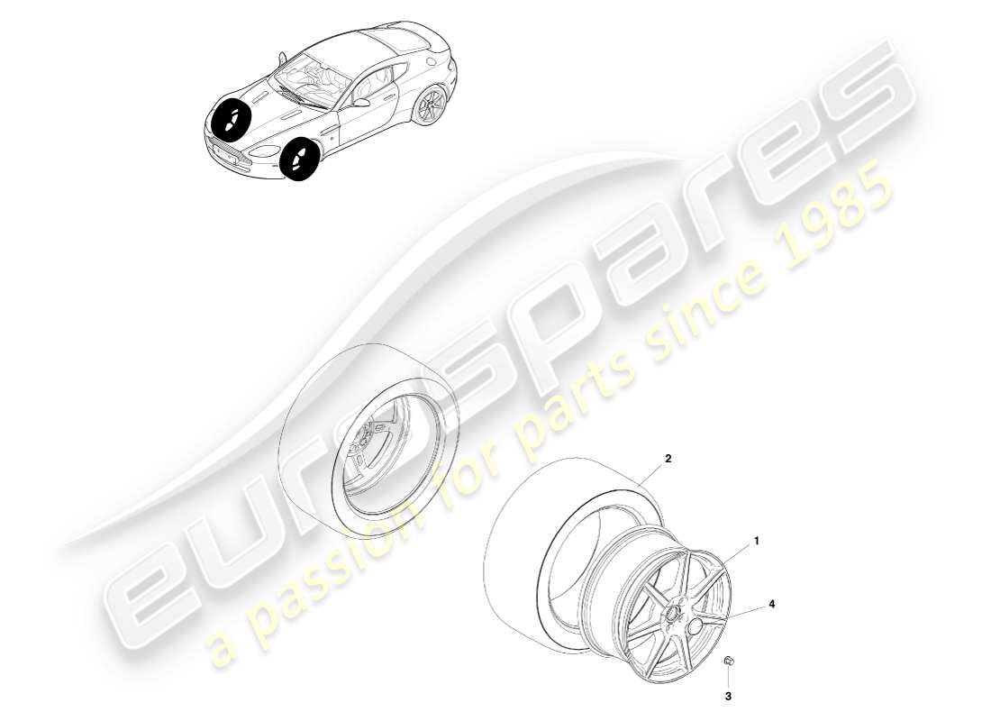 aston martin v8 vantage (2005) front wheels & tyres, to 09my part diagram