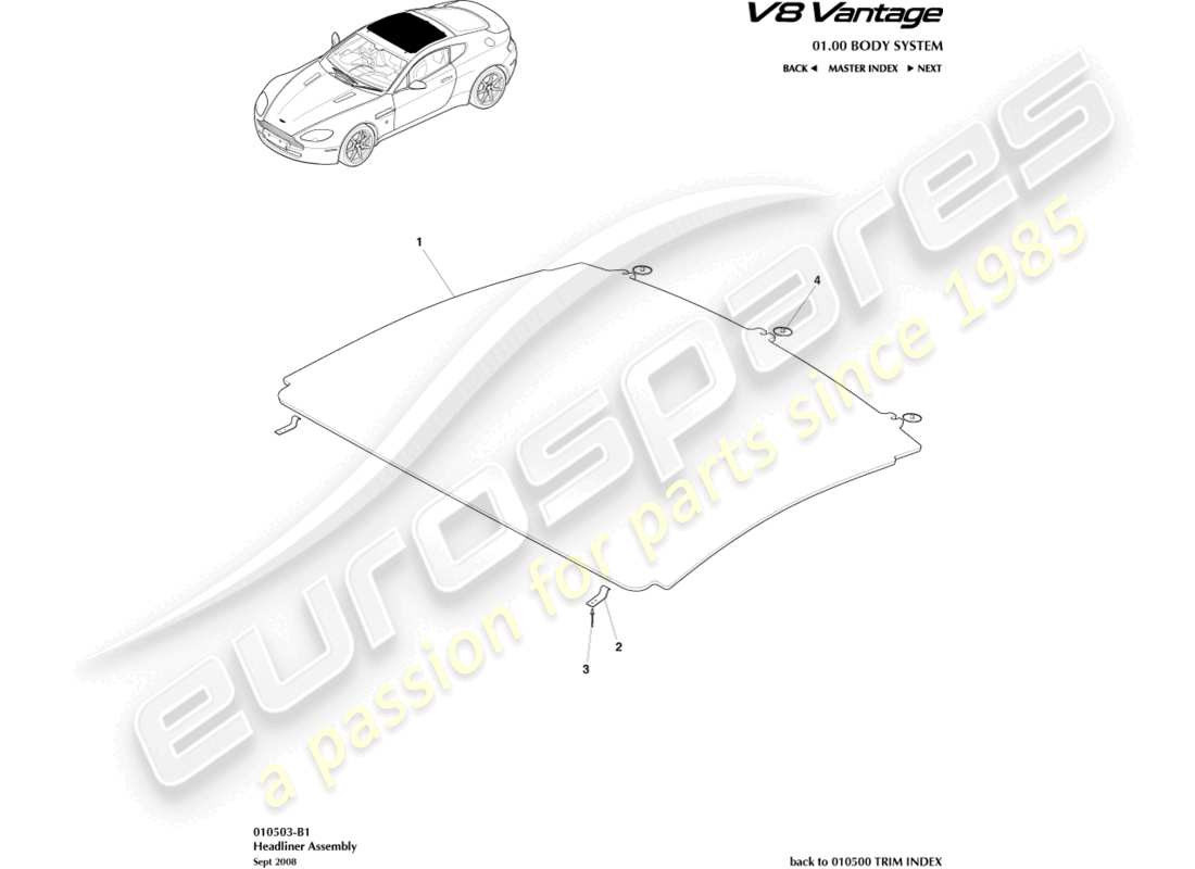 aston martin v8 vantage (2009) headliner assy part diagram