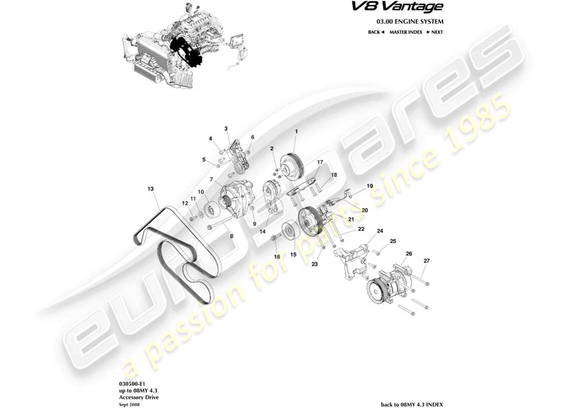 aston martin v8 vantage (2009) accessory drive part diagram