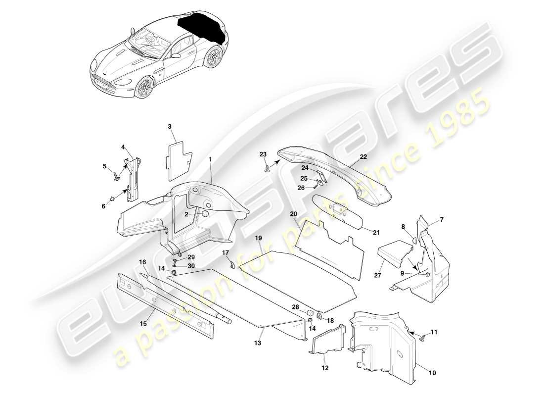 aston martin v8 vantage (2005) load compartment trim, coupe part diagram