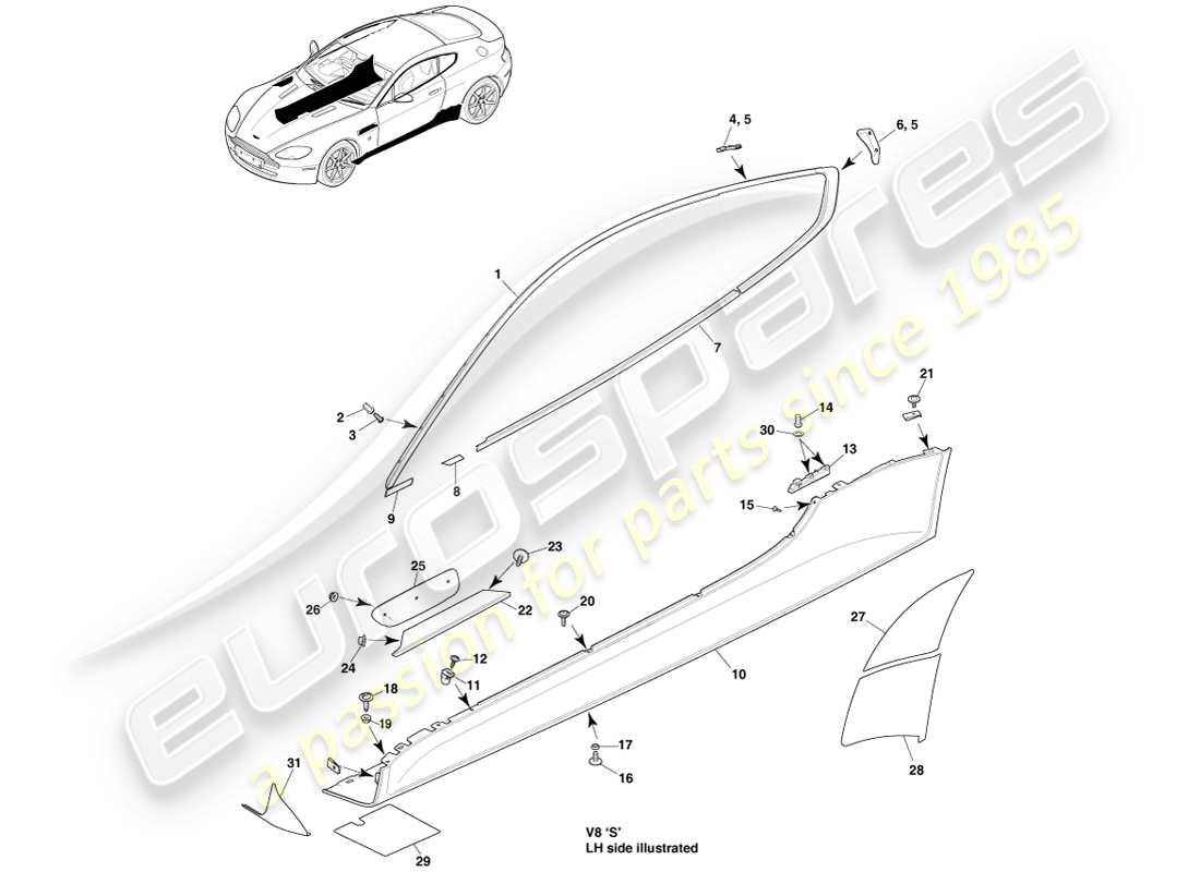 aston martin v8 vantage (2005) bodyside & quarter trim, coupe part diagram