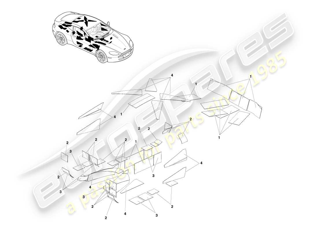 aston martin v8 vantage (2005) anti-can sound pads, lhd part diagram