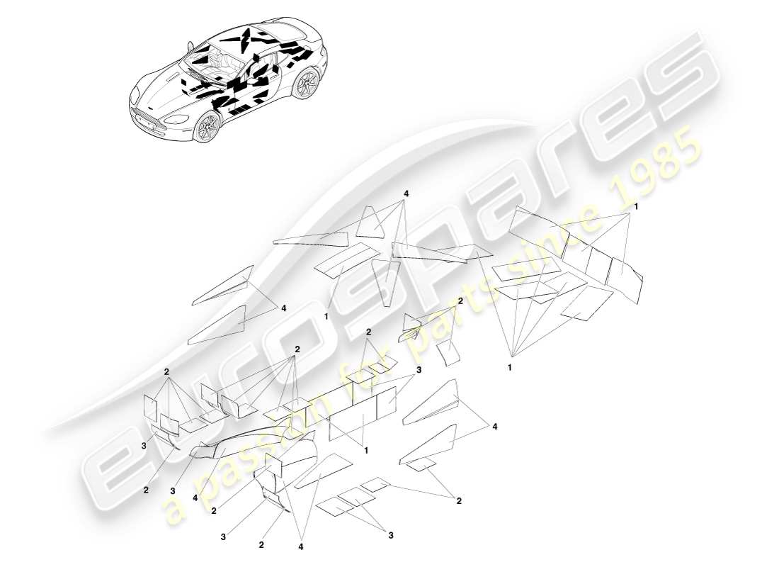 aston martin v8 vantage (2005) anti-can sound pads, rhd part diagram