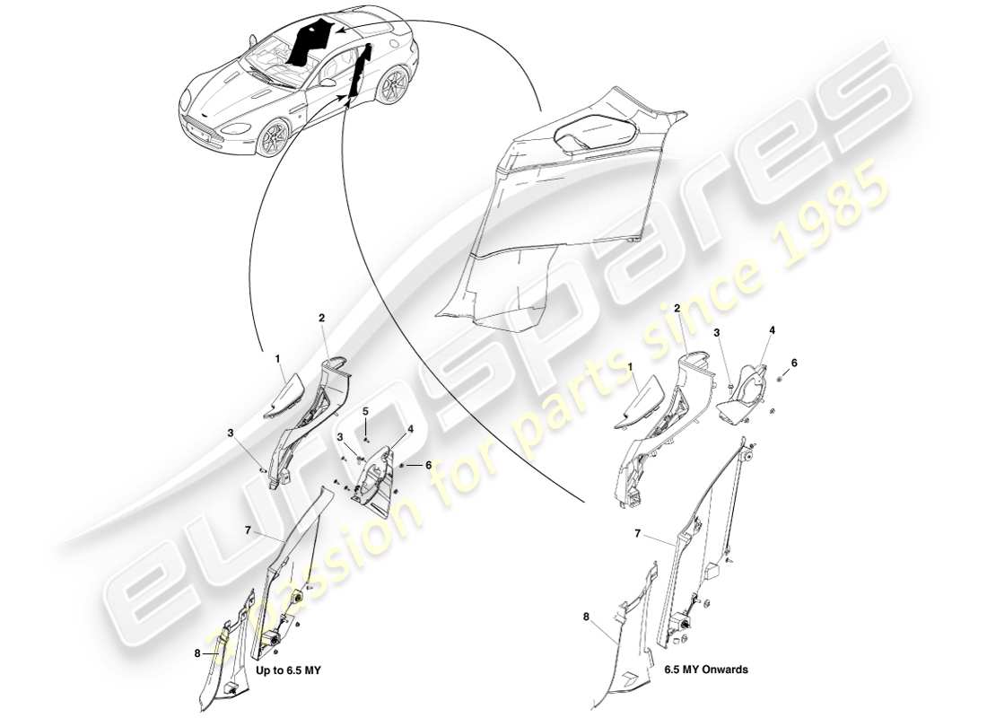 aston martin v8 vantage (2005) body side quarter trim, coupe part diagram