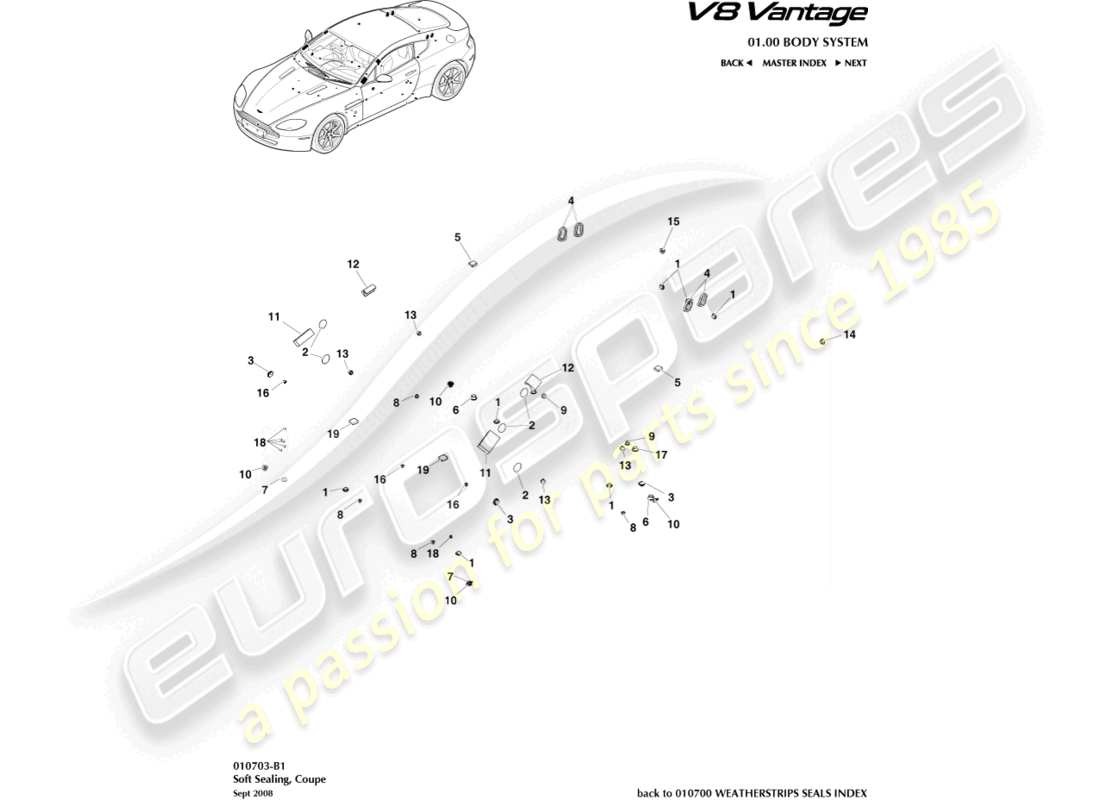 aston martin v8 vantage (2016) soft sealing, coupe part diagram